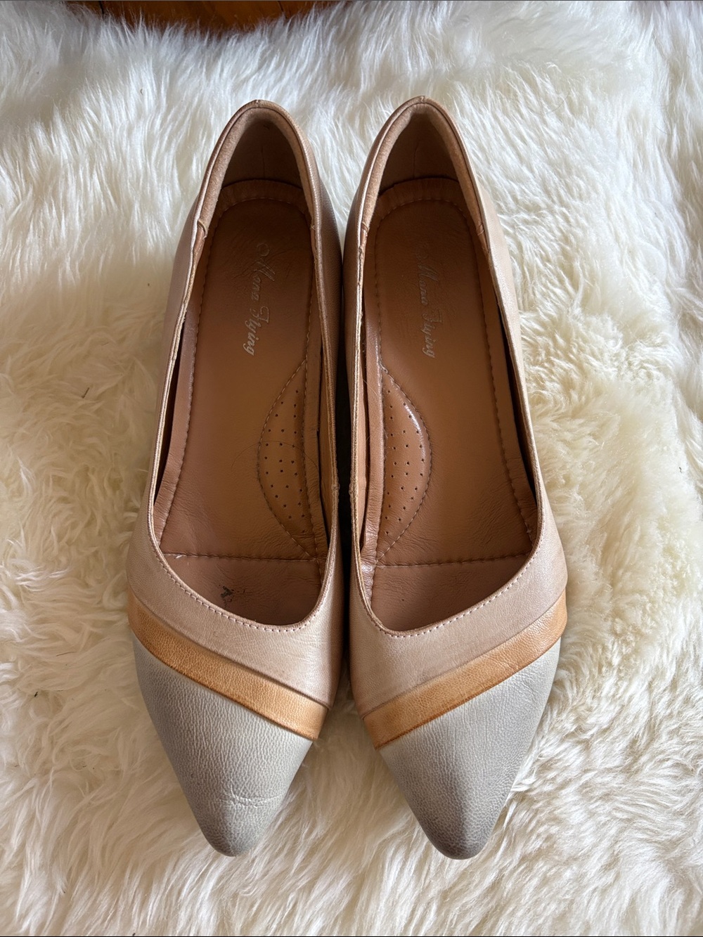 Women's Two-Tone Pointed Flats in Champagne and Taupe